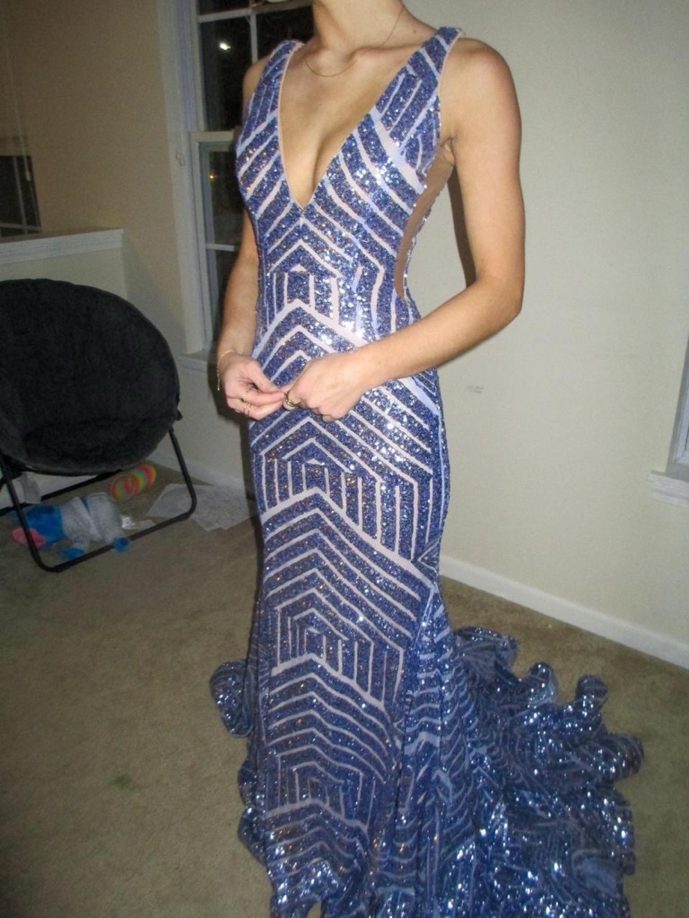 Jovani Navy Sequin V-Neck Prom Gown